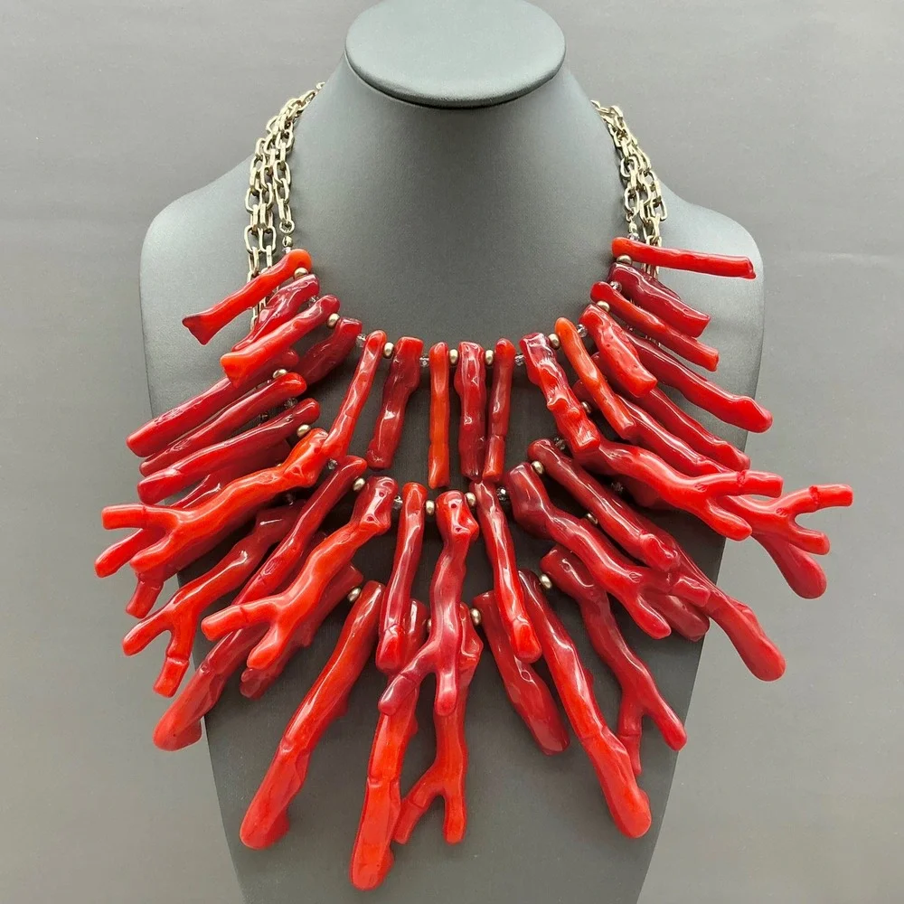 Chico's Necklace Red Faux Coral Style Branch Multi Strand Gold Tone Statement